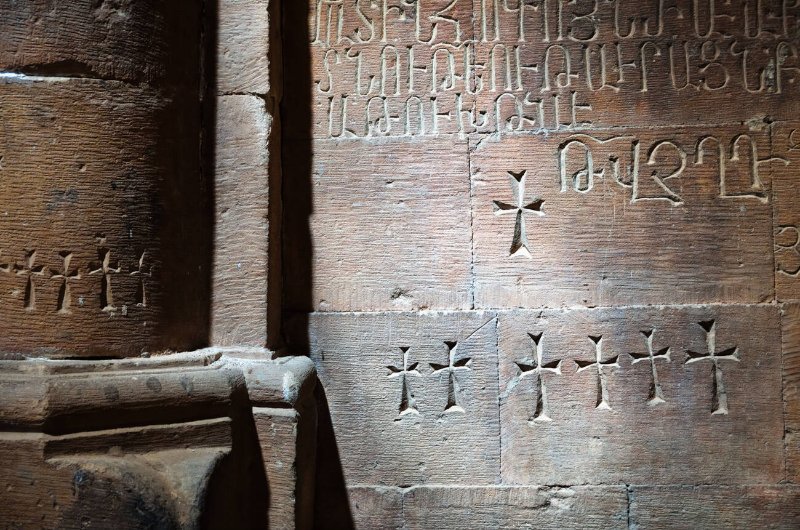 Inside the Noravank Monastery with historical scripts