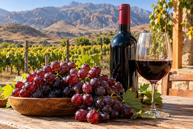 Two people harvesting grapes in an Areni vineyard in Armenia’s Vayots Dzor region