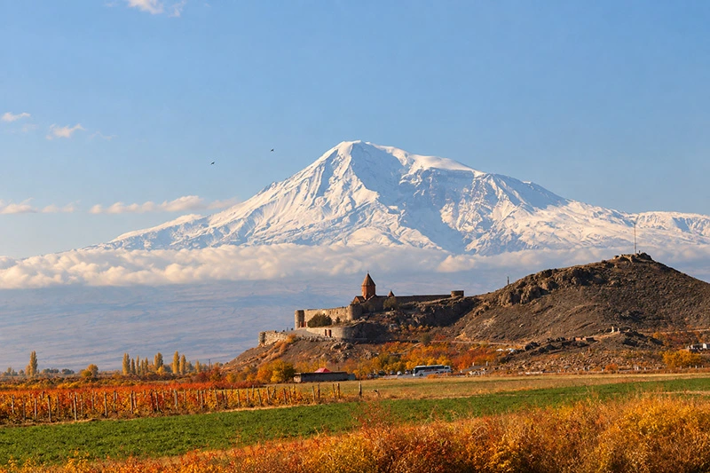 Khor Virap Monastery overlooking the Ararat Plain in autumn