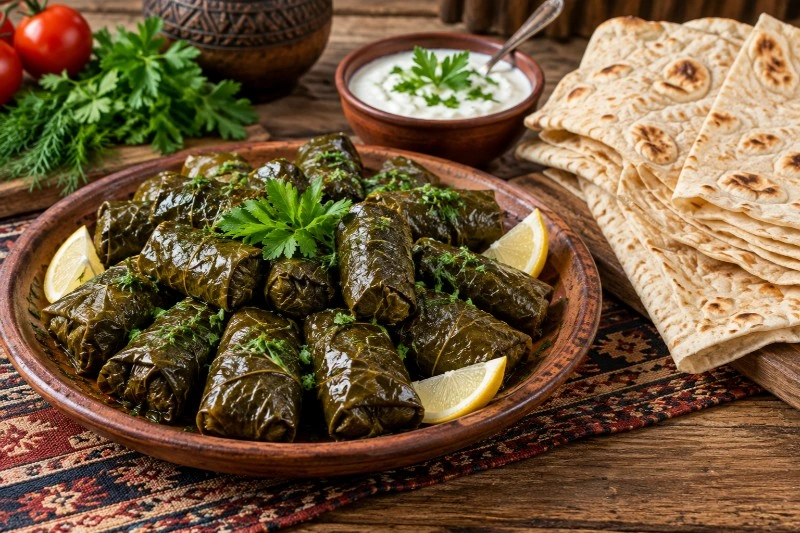 Traditional Armenian dolma served with lavash.