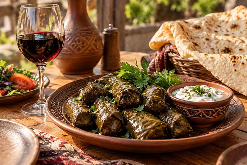 Traditional Armenian dolma with red wine during Armenia cultural tours