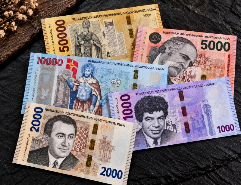 Armenian dram currency banknotes.